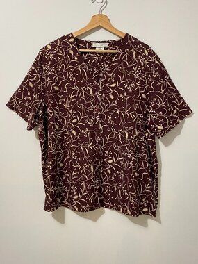Vintage Button-Up V-Neck Blouse with Brown Botanical Print Cottagecore Plus Size